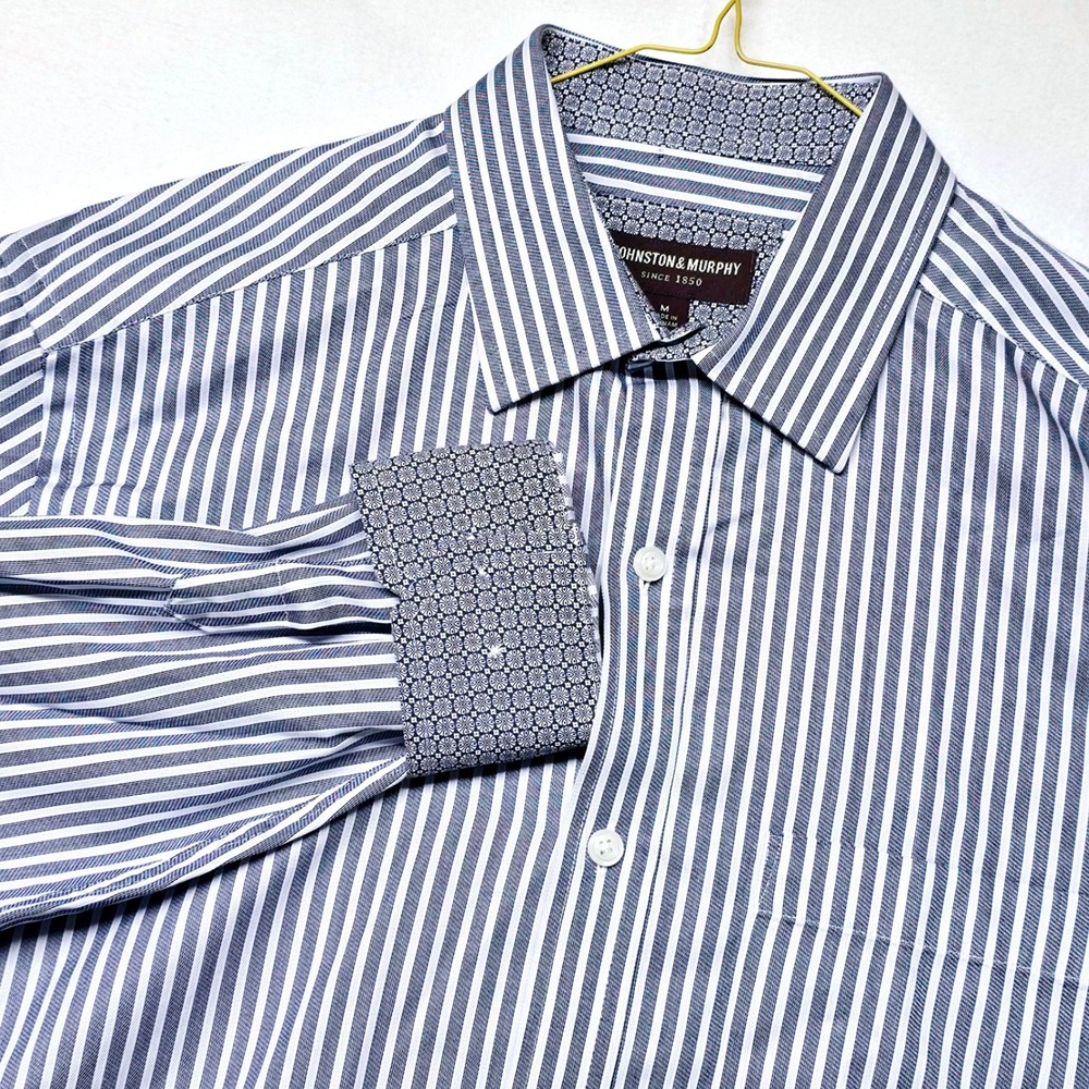 Johnston & Murphy Shirt Men's M Blue Striped Cotton Contrast Cuff Long Sleeve